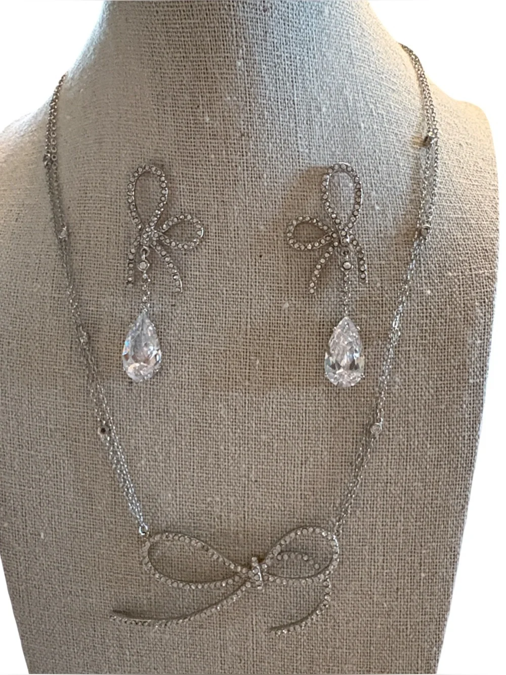 Crystal Bowknot Pendant Necklace & Drop Earrings Set Bridal, Weddings, Prom